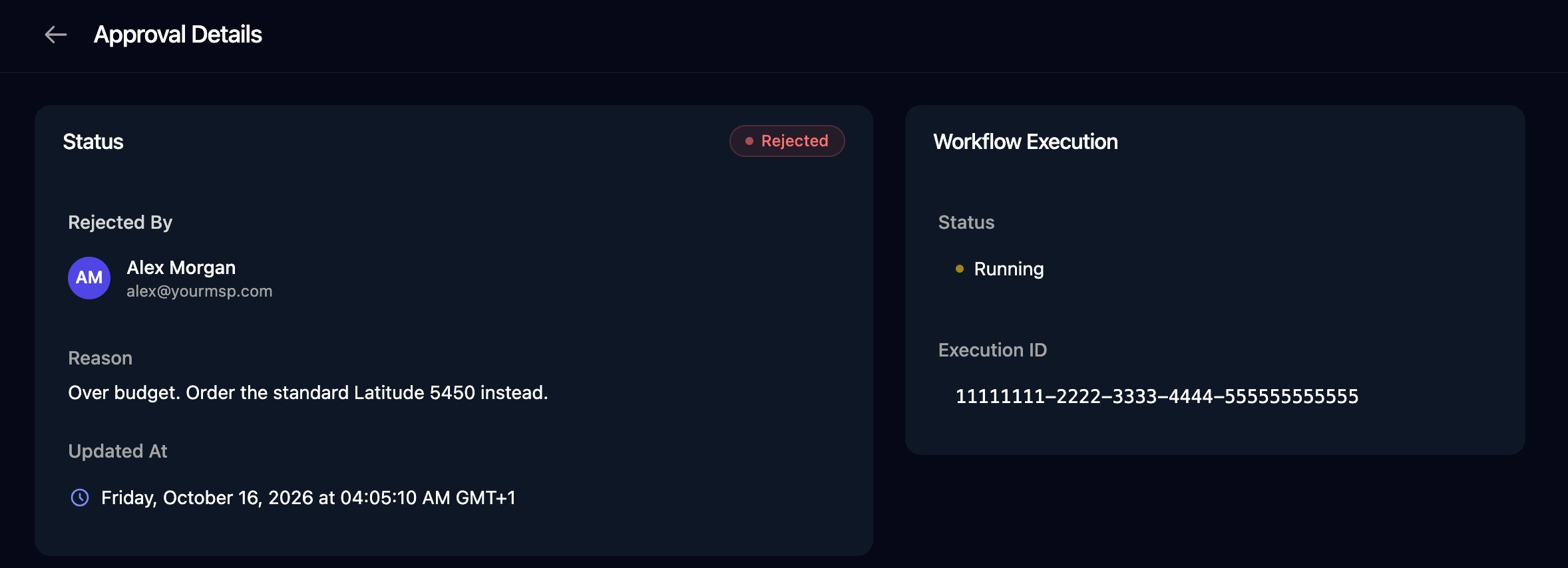 A Rejected request showing Rejected By Alex Morgan, the Reason, Updated At, and the Workflow Execution card.