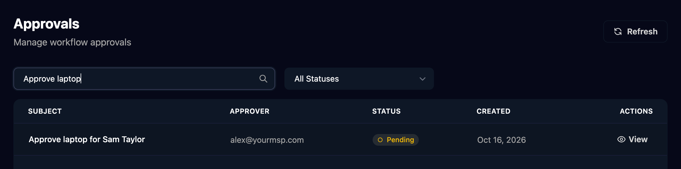 The Approvals page searched for Approve laptop, with an All Statuses filter and one Pending request, Approve laptop for Sam Taylor, approver alex@yourmsp.com, with a View button.