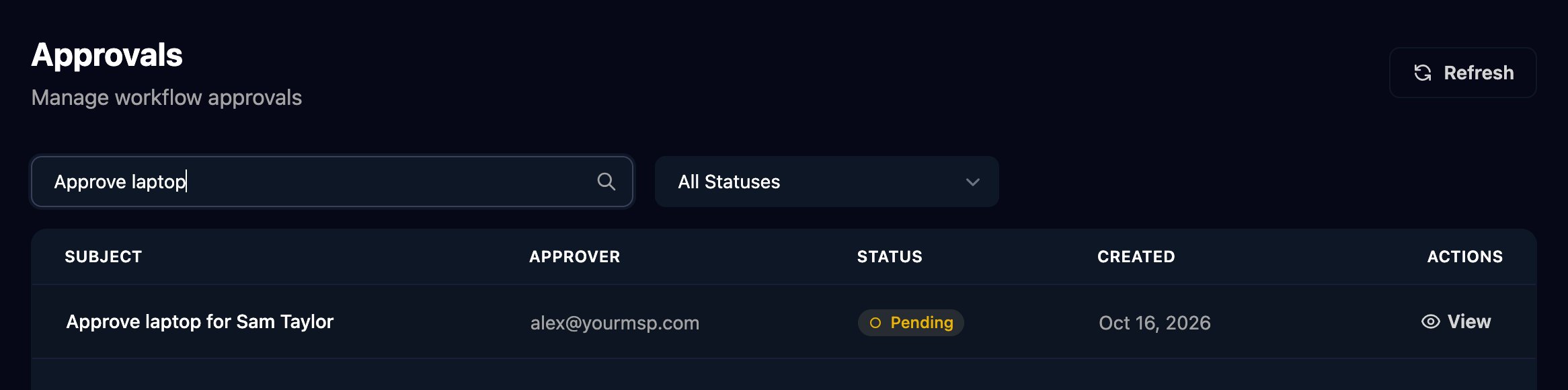 The Approvals page searched for Approve laptop, with an All Statuses filter and one Pending request, Approve laptop for Sam Taylor, approver alex@yourmsp.com, with a View button.