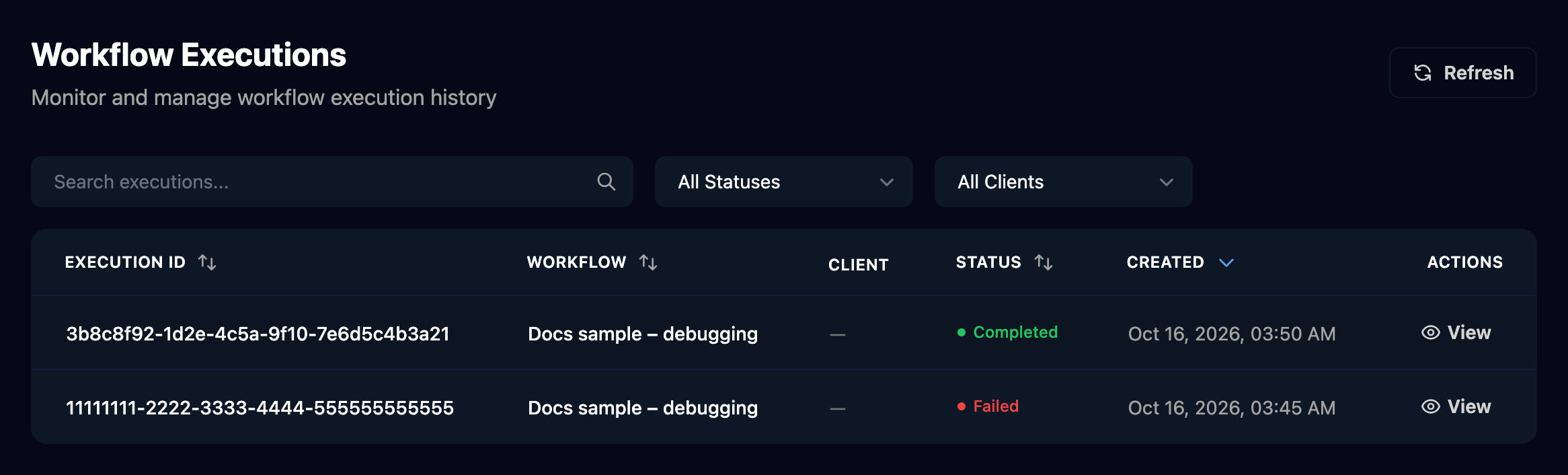 The Workflow Executions page with a Search executions box, All Statuses and All Clients filters, and a table of two Docs sample – debugging runs, one Completed and one Failed, each with a View button.