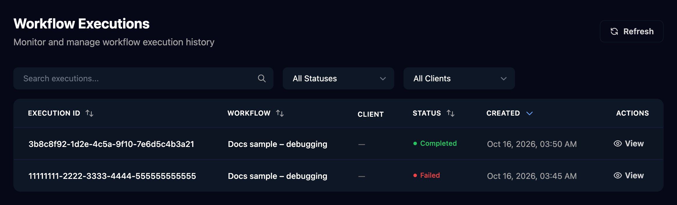 The Workflow Executions page with a Search executions box, All Statuses and All Clients filters, and a table of two Docs sample – debugging runs, one Completed and one Failed, each with a View button.