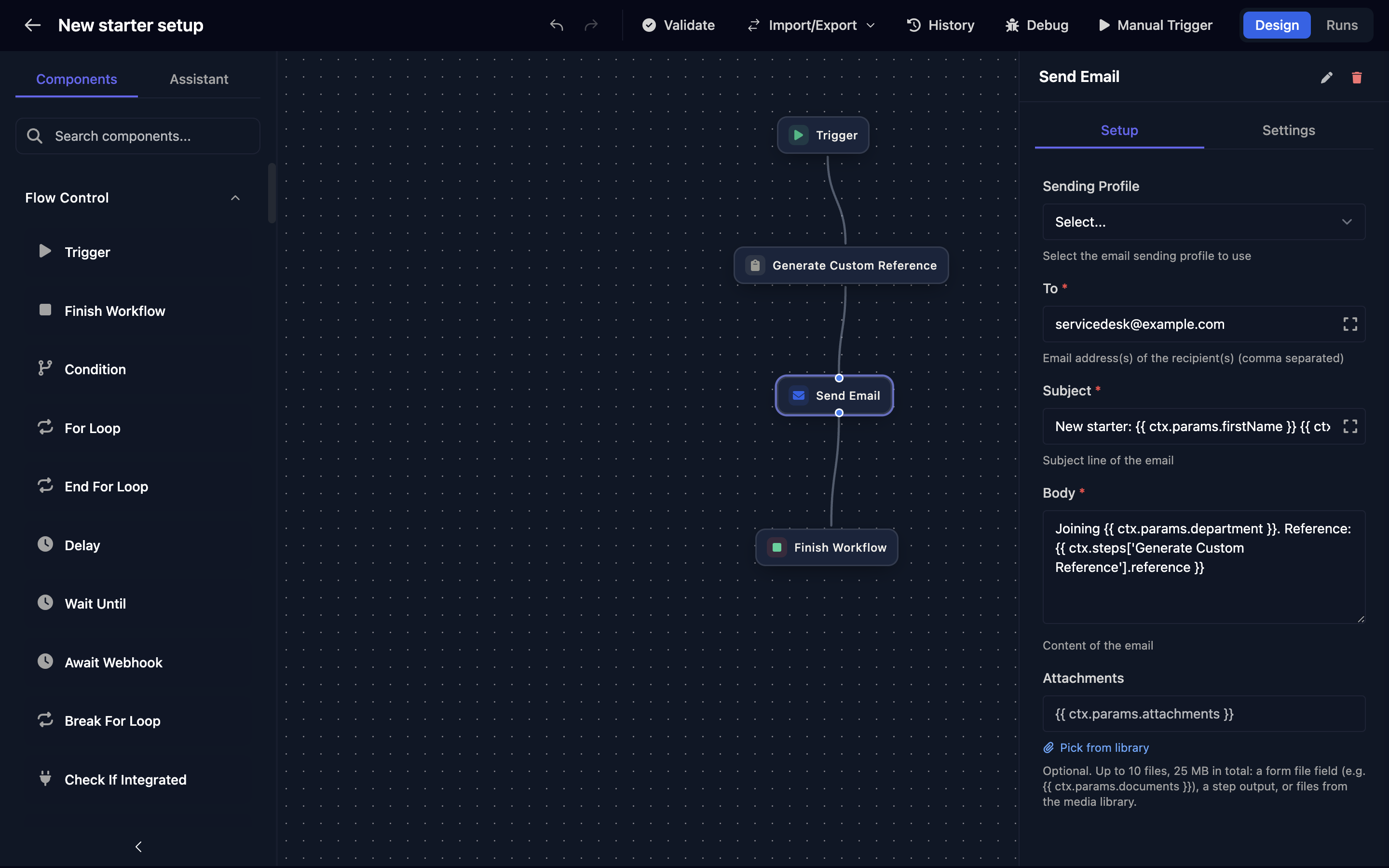 The New starter setup workflow in the designer: Components on the left, Trigger, Generate Custom Reference, Send Email and Finish Workflow joined in a line on the canvas, and the Send Email step panel on the right with its To, Subject and Body filled in.