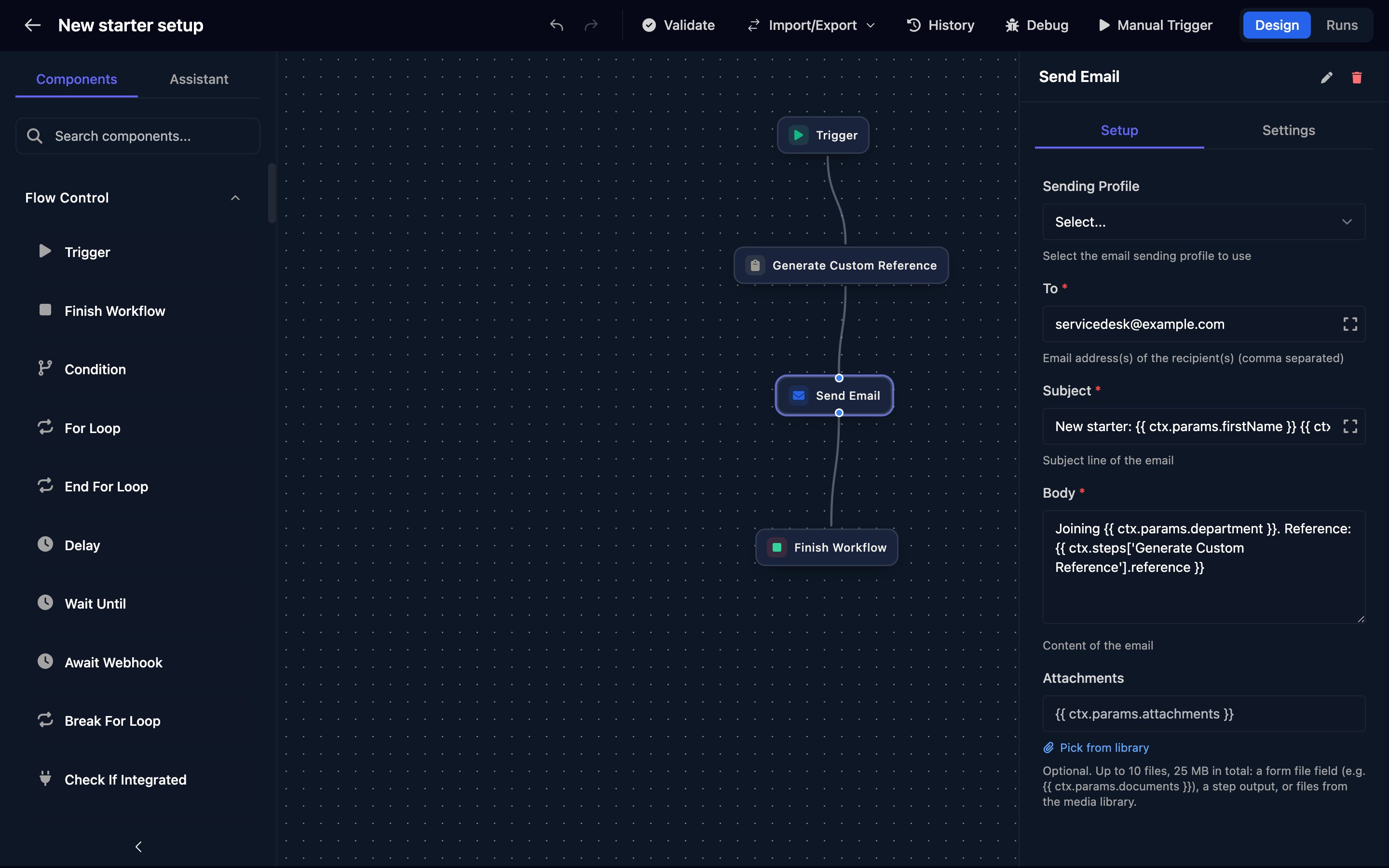 The New starter setup workflow in the designer: Components on the left, Trigger, Generate Custom Reference, Send Email and Finish Workflow joined in a line on the canvas, and the Send Email step panel on the right with its To, Subject and Body filled in.