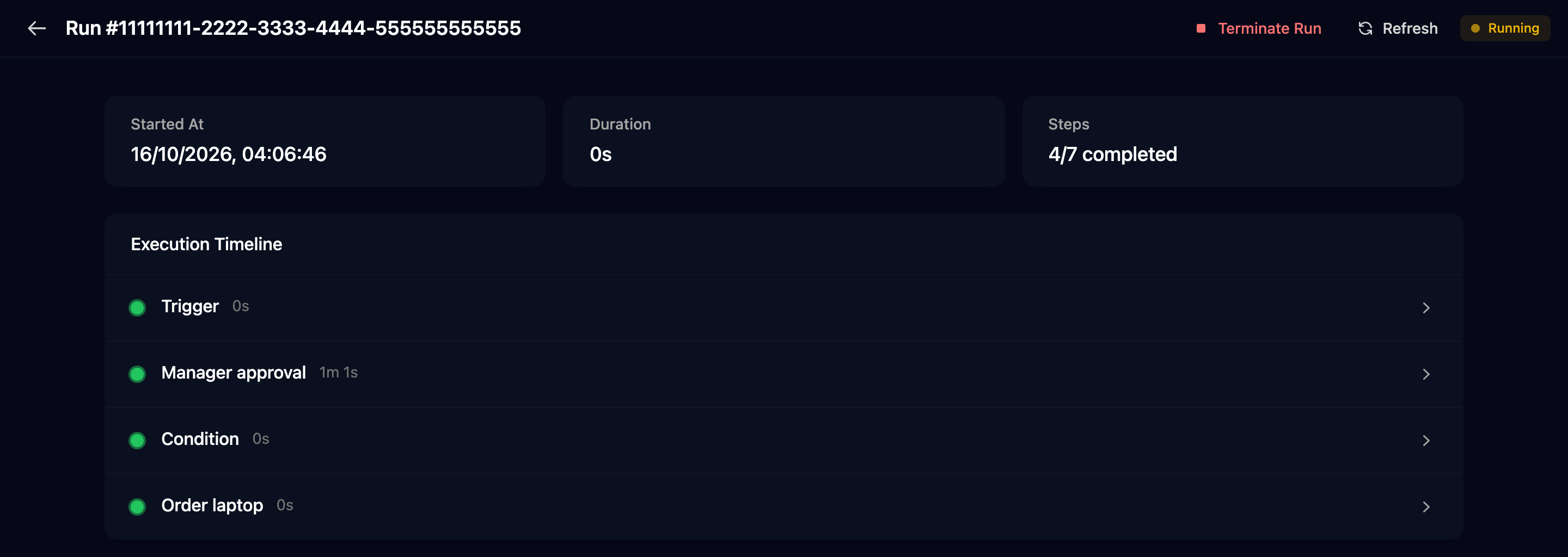 A Running run with Terminate Run and Refresh buttons and an Execution Timeline of Trigger, Manager approval, Condition and Order laptop.