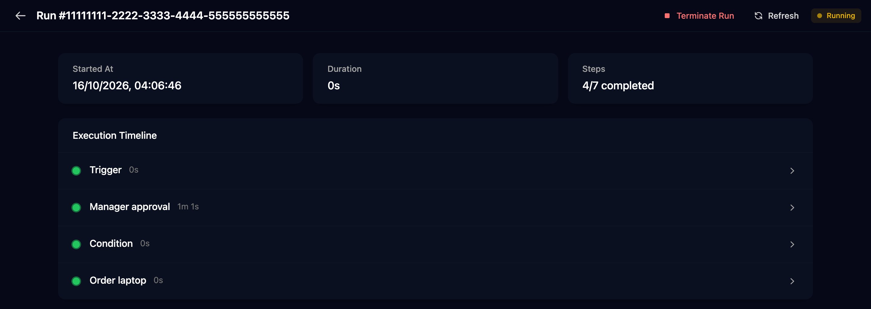 A Running run with Terminate Run and Refresh buttons and an Execution Timeline of Trigger, Manager approval, Condition and Order laptop.