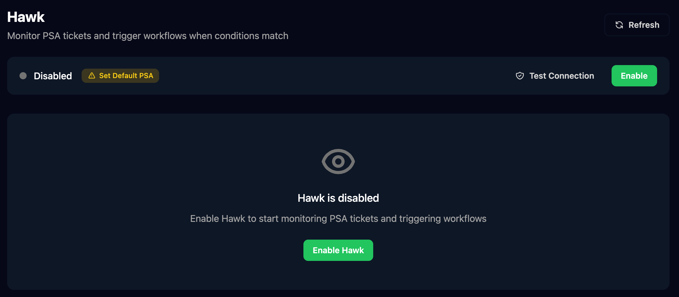 The Hawk page with a Disabled status, a yellow Set Default PSA button, Test Connection and Enable buttons, and a Hawk is disabled panel with an Enable Hawk button.