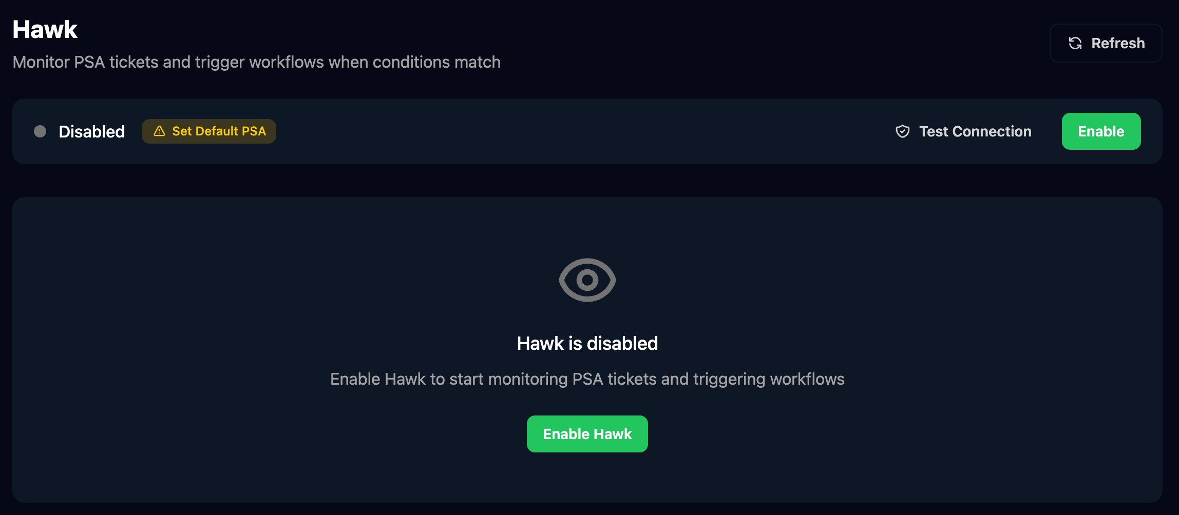 The Hawk page with a Disabled status, a yellow Set Default PSA button, Test Connection and Enable buttons, and a Hawk is disabled panel with an Enable Hawk button.