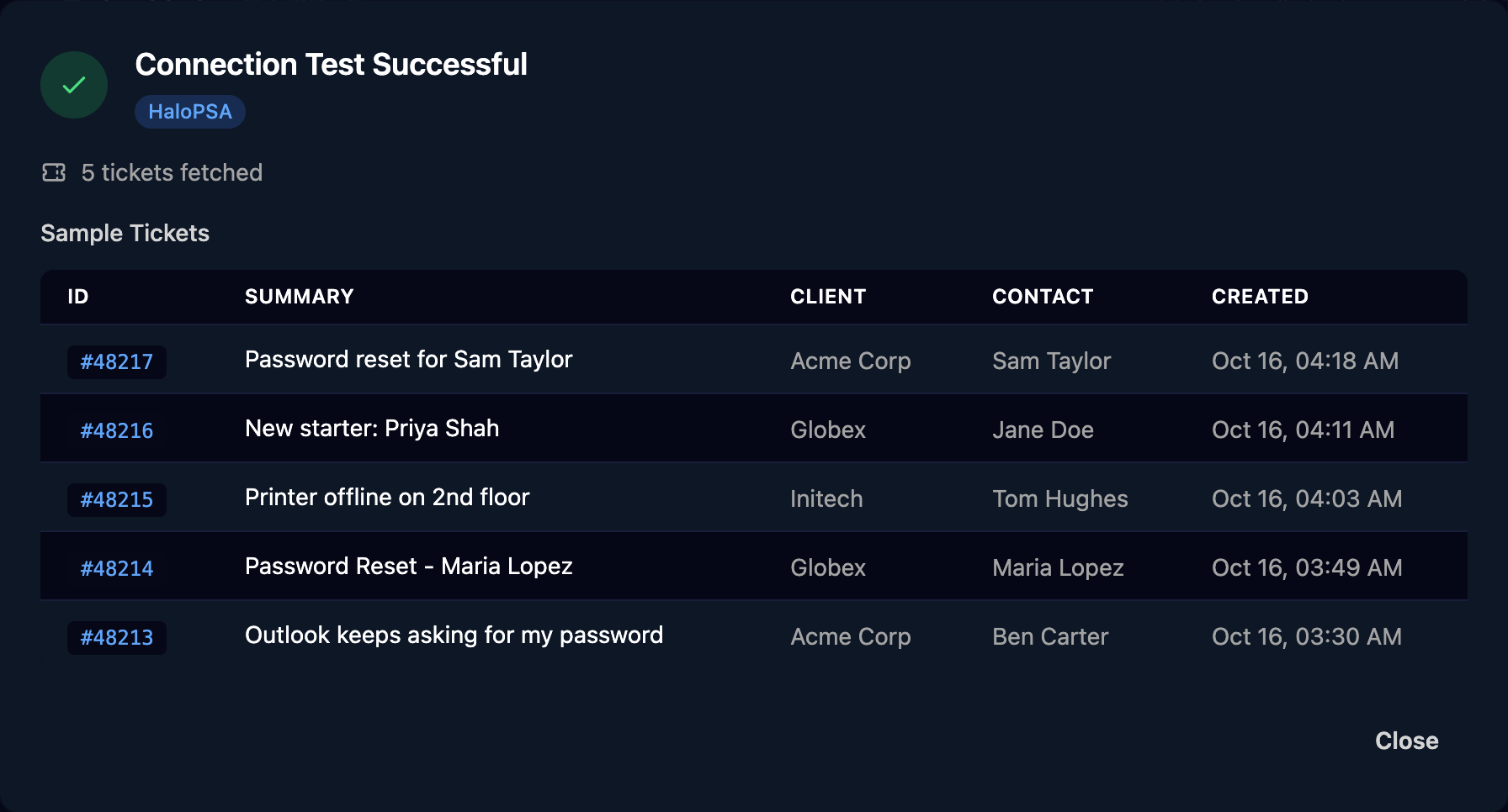 The Connection Test Successful dialog for HaloPSA showing 5 tickets fetched and a Sample Tickets table with ID, Summary, Client, Contact and Created columns.