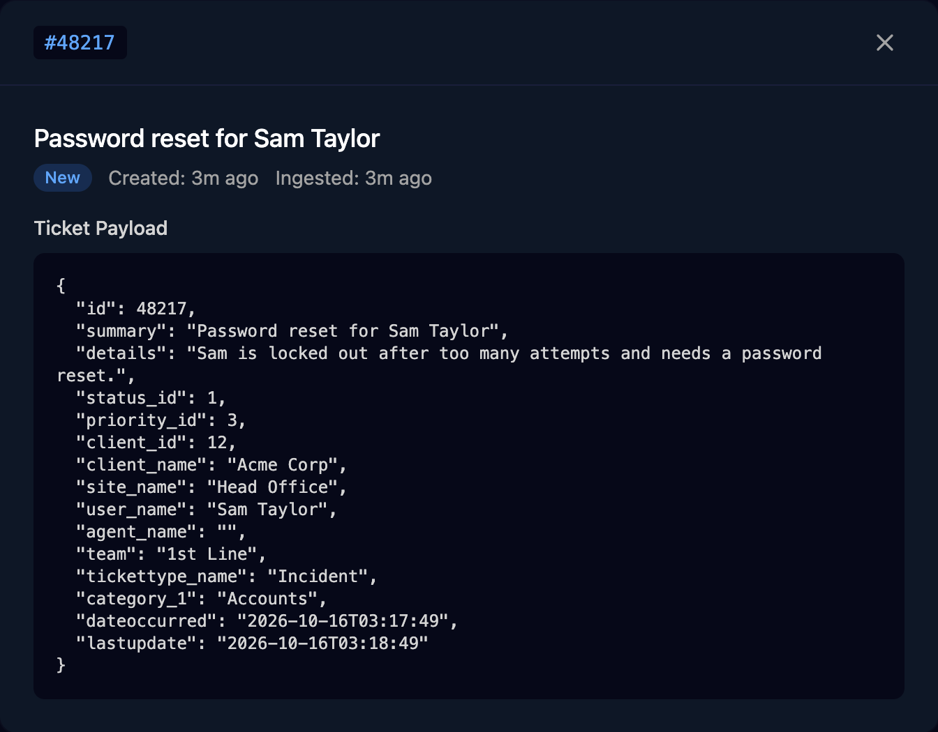 A HaloPSA ticket, #48217 Password reset for Sam Taylor, showing its Ticket Payload JSON including id, summary, details, status_id, client_id 12 and client_name Acme Corp.