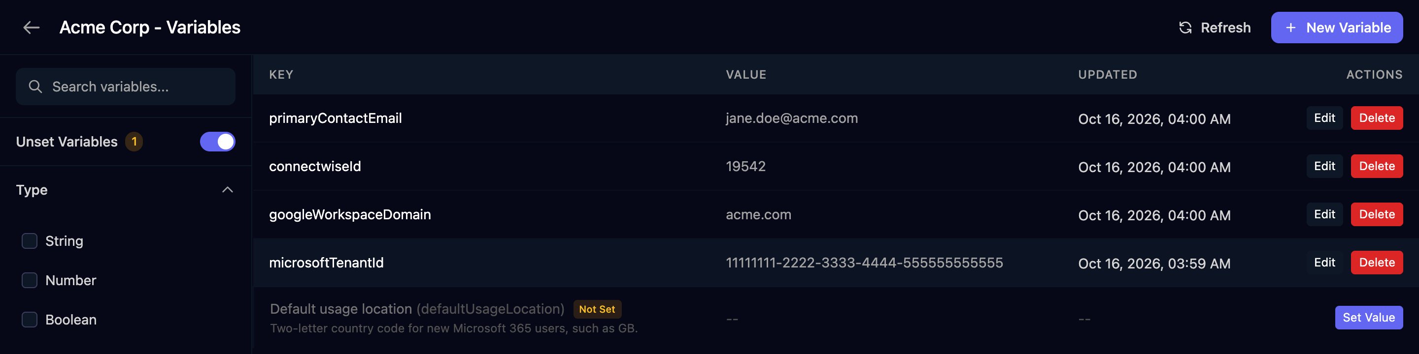 The Acme Corp - Variables page with the Unset Variables switch on, four set variables with Edit and Delete buttons, and Default usage location (defaultUsageLocation) marked Not Set with its description and a Set Value button.