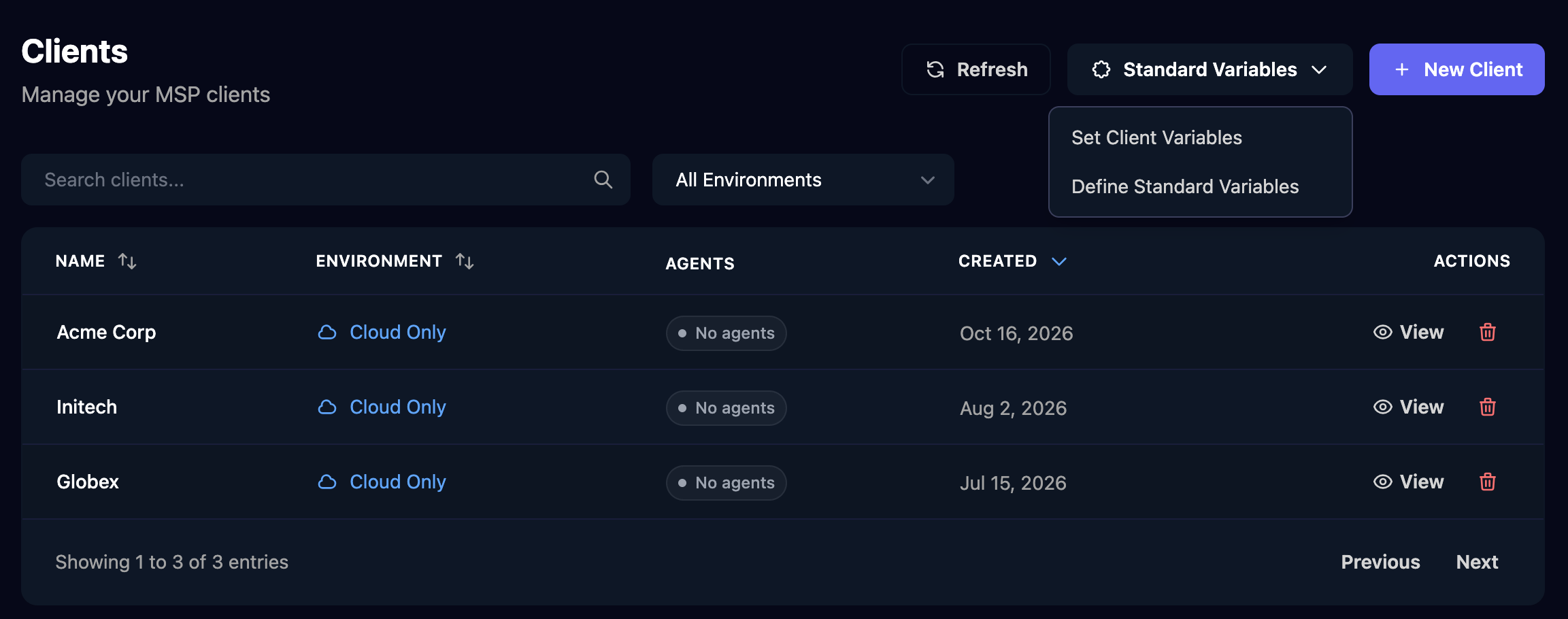 The Clients page with Refresh, Standard Variables and New Client buttons, the Standard Variables menu open on Set Client Variables and Define Standard Variables, and a table listing Acme Corp, Initech and Globex, each Cloud Only with No agents.