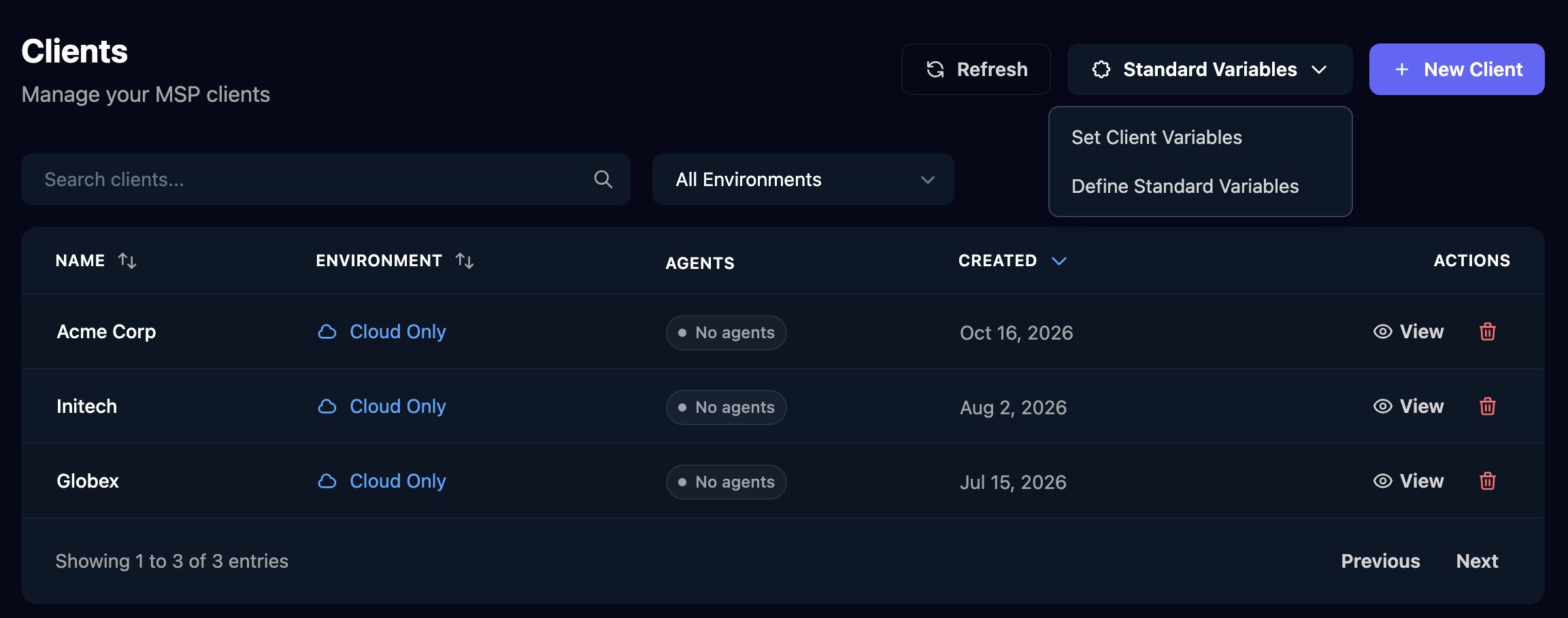The Clients page with Refresh, Standard Variables and New Client buttons, the Standard Variables menu open on Set Client Variables and Define Standard Variables, and a table listing Acme Corp, Initech and Globex, each Cloud Only with No agents.