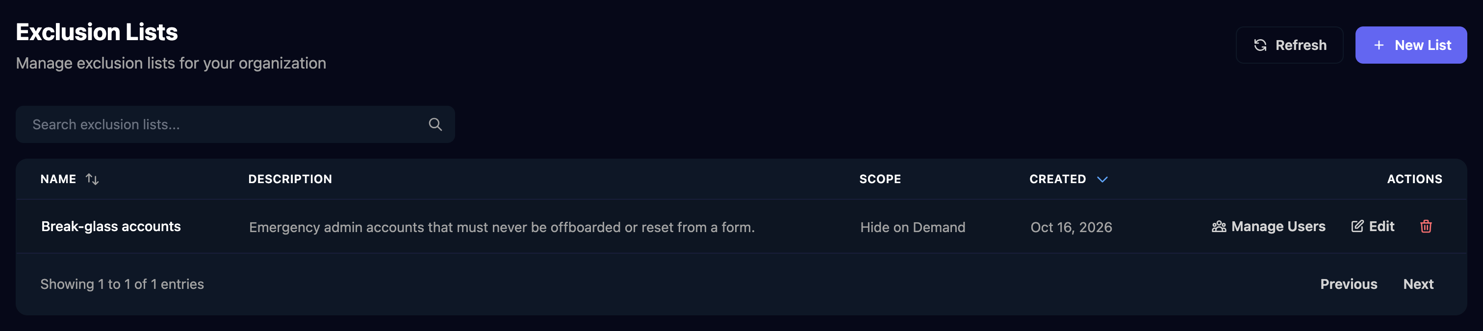 The Exclusion Lists page with Refresh and New List buttons and a Break-glass accounts list with scope Hide on Demand and Manage Users, Edit and delete actions.