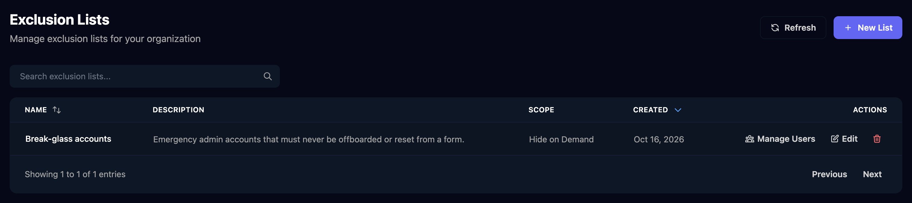 The Exclusion Lists page with Refresh and New List buttons and a Break-glass accounts list with scope Hide on Demand and Manage Users, Edit and delete actions.