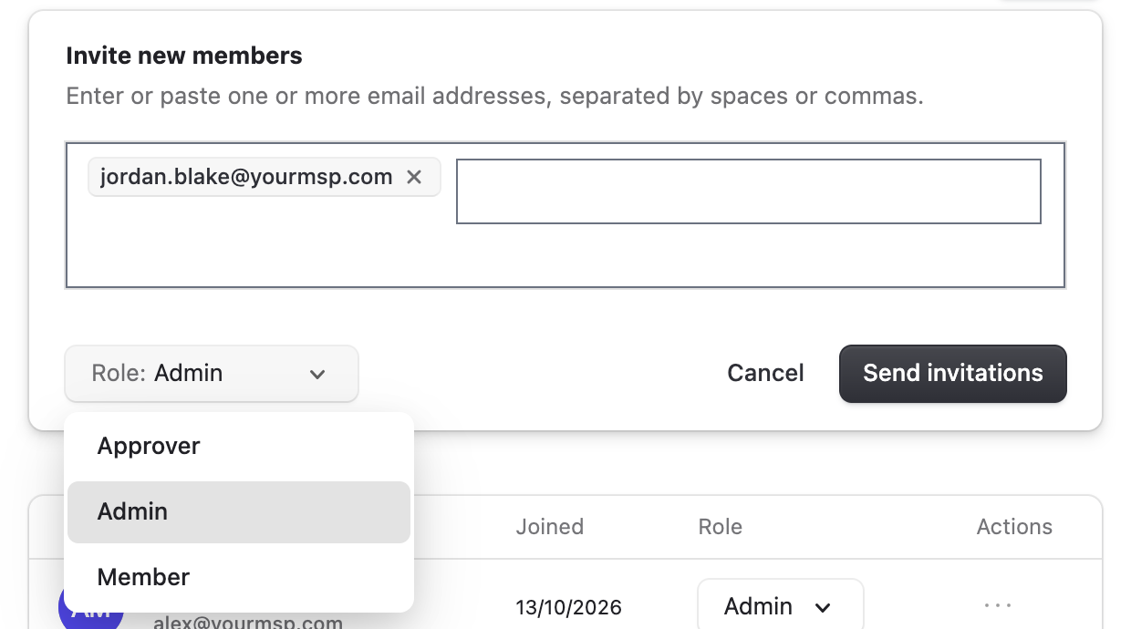 The Invite new members form with jordan.blake@yourmsp.com entered, the Role list open on Approver, Admin and Member, and Cancel and Send invitations buttons.