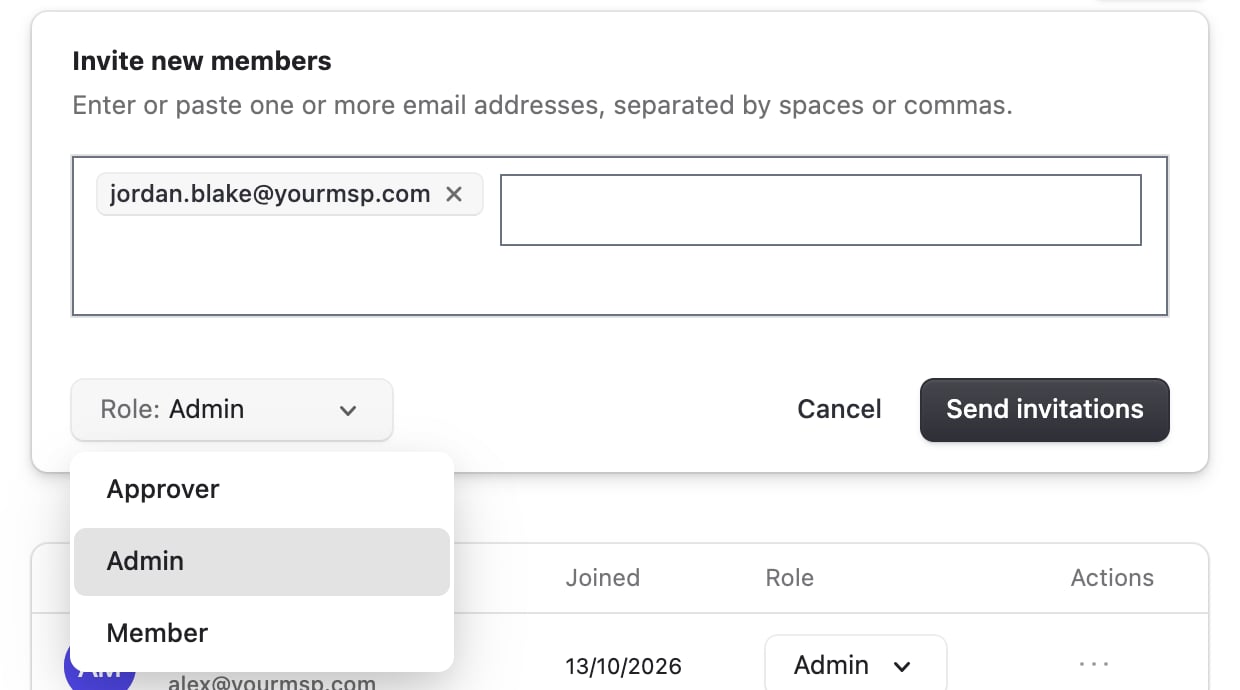 The Invite new members form with jordan.blake@yourmsp.com entered, the Role list open on Approver, Admin and Member, and Cancel and Send invitations buttons.