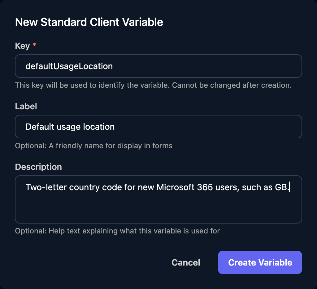The New Standard Client Variable dialog with Key defaultUsageLocation, Label Default usage location, and Description Two-letter country code for new Microsoft 365 users, such as GB.