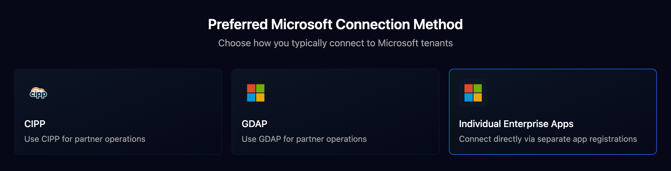 The Setup Wizard's Preferred Microsoft Connection Method question with three cards: CIPP, GDAP and Individual Enterprise Apps, the last one selected.