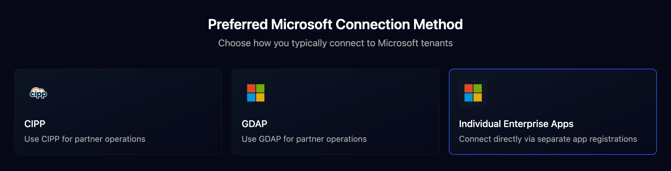 The Setup Wizard's Preferred Microsoft Connection Method question with three cards: CIPP, GDAP and Individual Enterprise Apps, the last one selected.