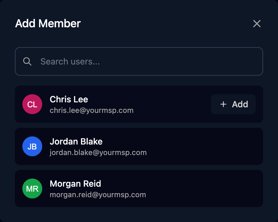 The Add Member dialog with a Search users box and Chris Lee, Jordan Blake and Morgan Reid listed, with an Add button showing on Chris Lee's row.