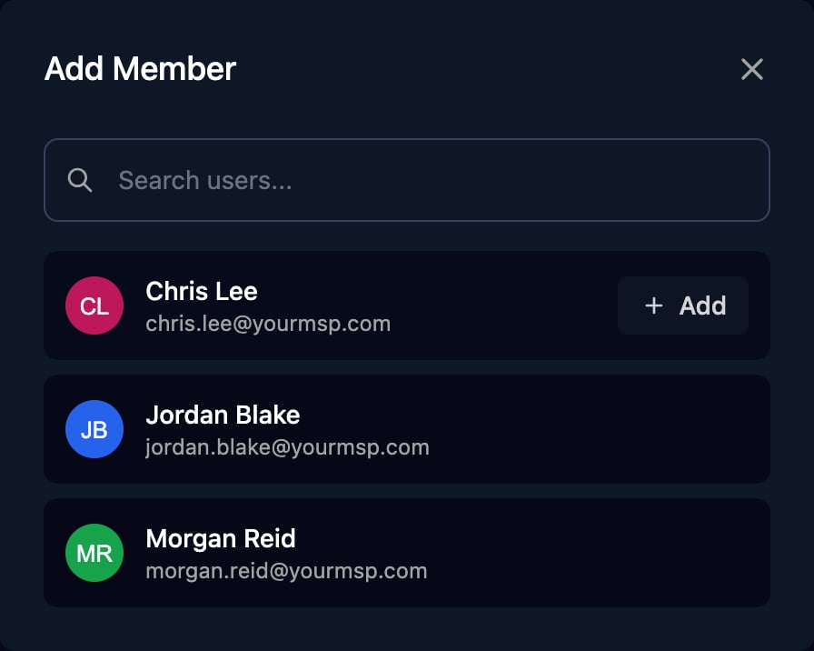 The Add Member dialog with a Search users box and Chris Lee, Jordan Blake and Morgan Reid listed, with an Add button showing on Chris Lee's row.