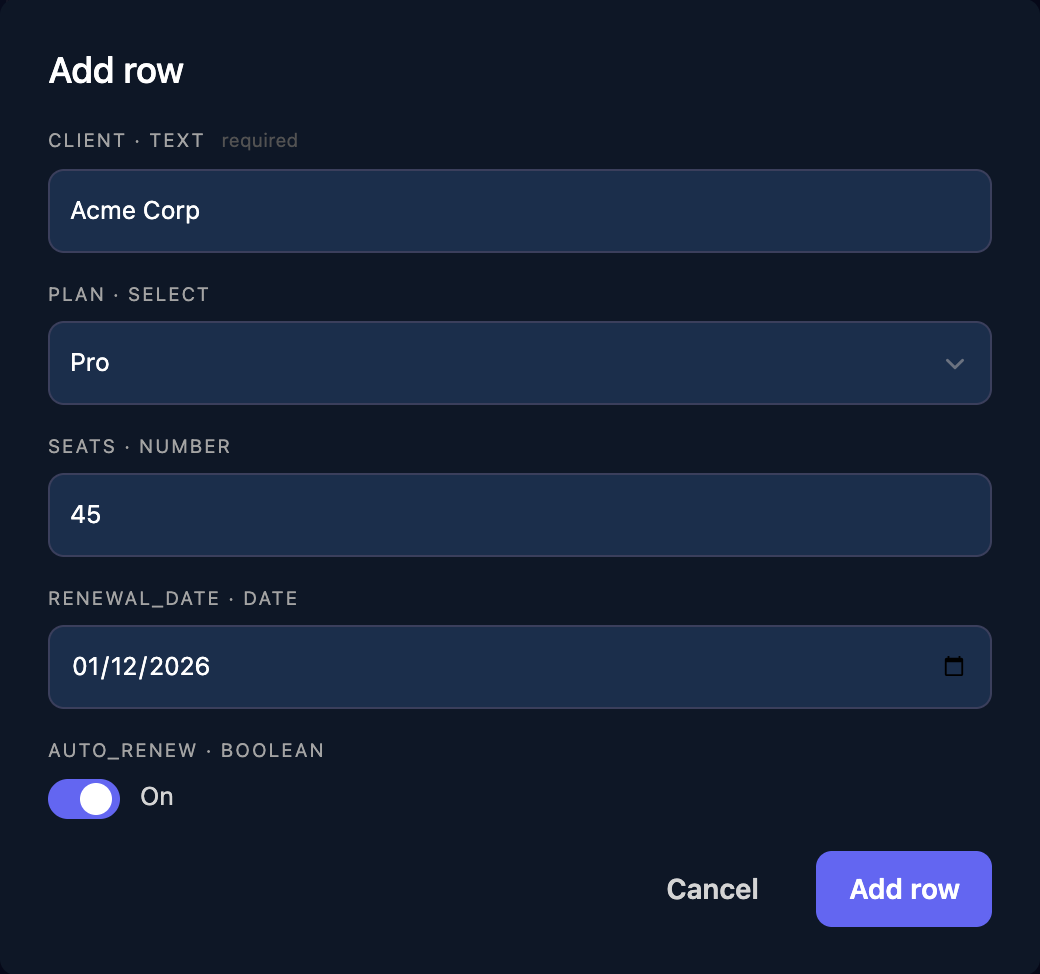 The Add row dialog with client Acme Corp, plan Pro, seats 45, renewal_date 01/12/2026 and auto_renew switched On, and Cancel and Add row buttons.