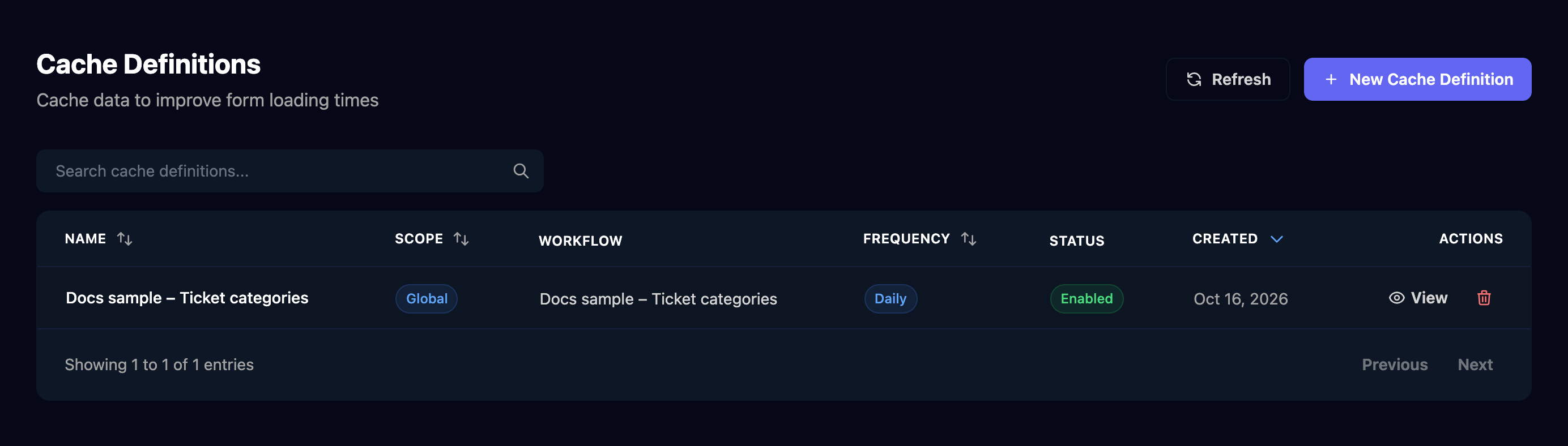 The Cache Definitions page, Cache data to improve form loading times, with Refresh and New Cache Definition buttons and one definition, Docs sample – Ticket categories: Global scope, workflow Docs sample – Ticket categories, Daily, Enabled, with View and delete actions.