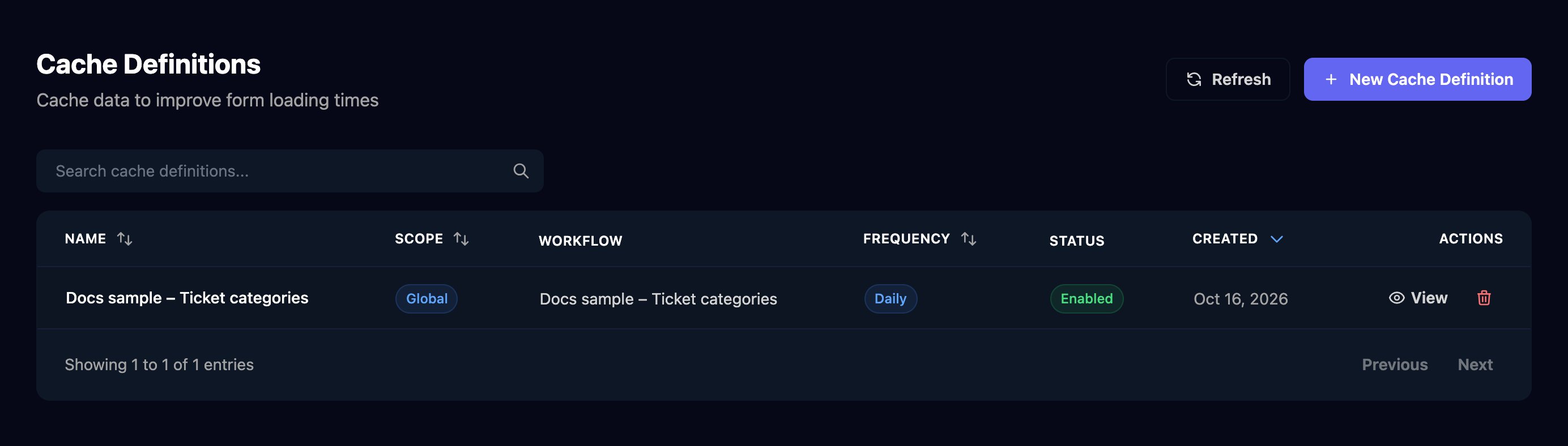 The Cache Definitions page, Cache data to improve form loading times, with Refresh and New Cache Definition buttons and one definition, Docs sample – Ticket categories: Global scope, workflow Docs sample – Ticket categories, Daily, Enabled, with View and delete actions.