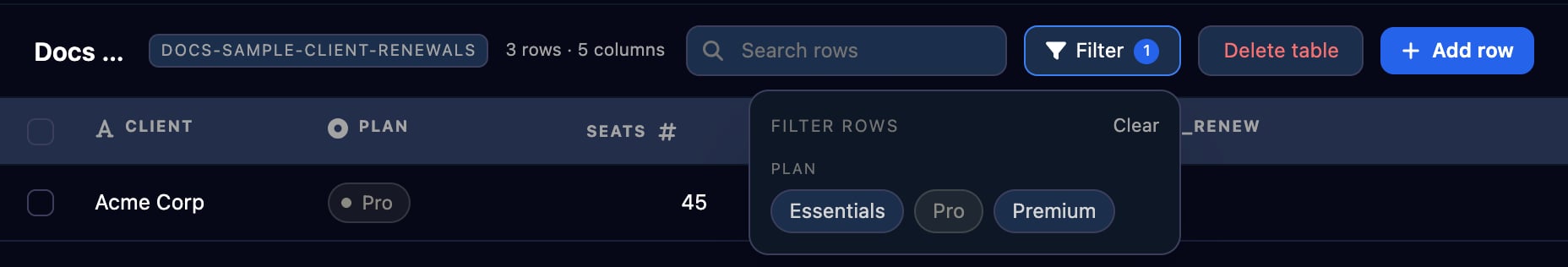 The Filter rows panel open under the Filter button showing PLAN options Essentials, Pro and Premium with Pro chosen, and the table showing only Acme Corp.