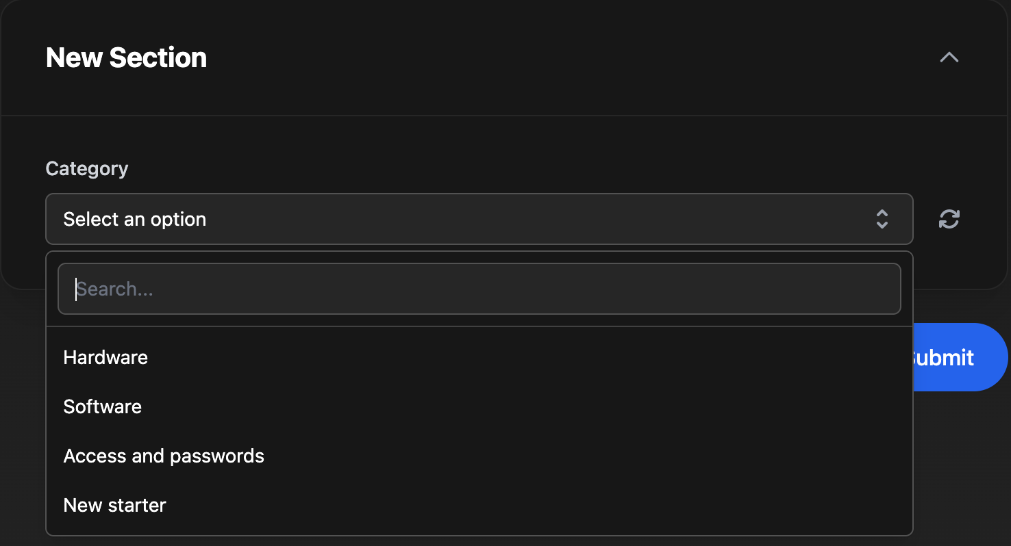 A form preview with a Category dropdown open, listing Hardware, Software, Access and passwords, and New starter.
