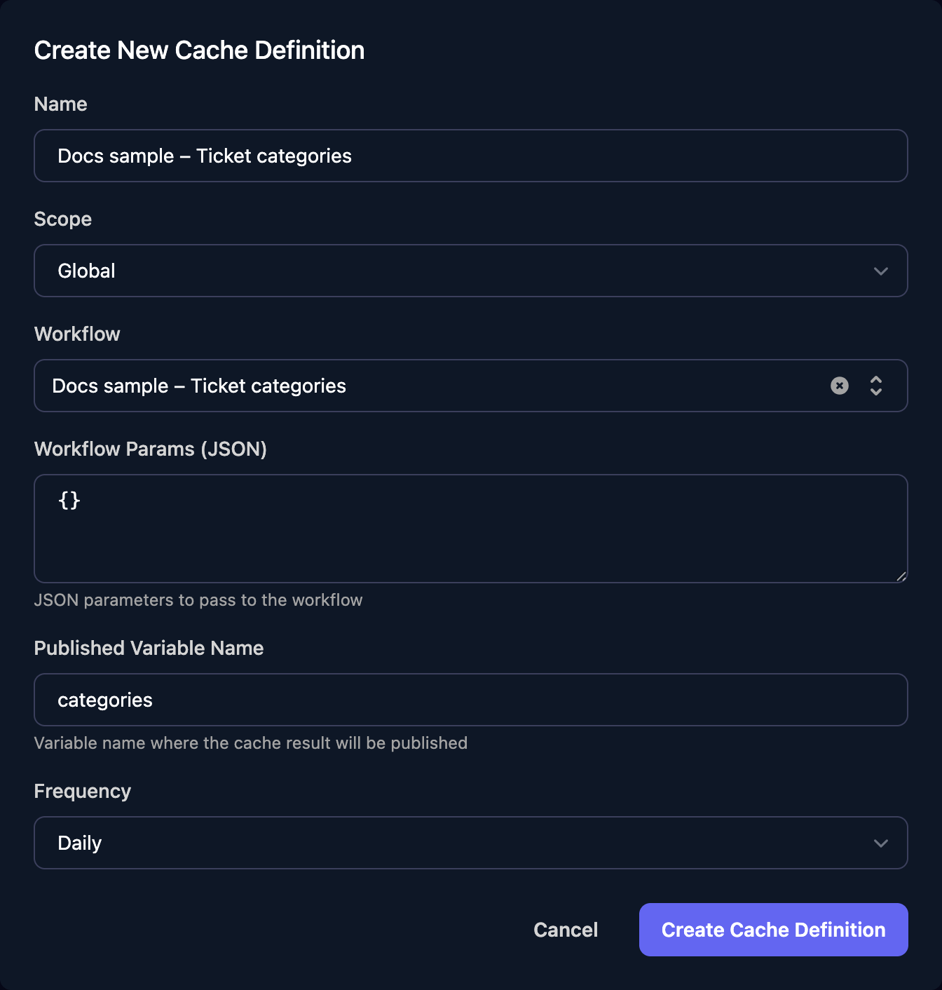 The Create New Cache Definition dialog: Name Docs sample – Ticket categories, Scope Global, Workflow Docs sample – Ticket categories, Workflow Params (JSON) an empty JSON object, Published Variable Name categories and Frequency Daily, with Cancel and Create Cache Definition buttons.