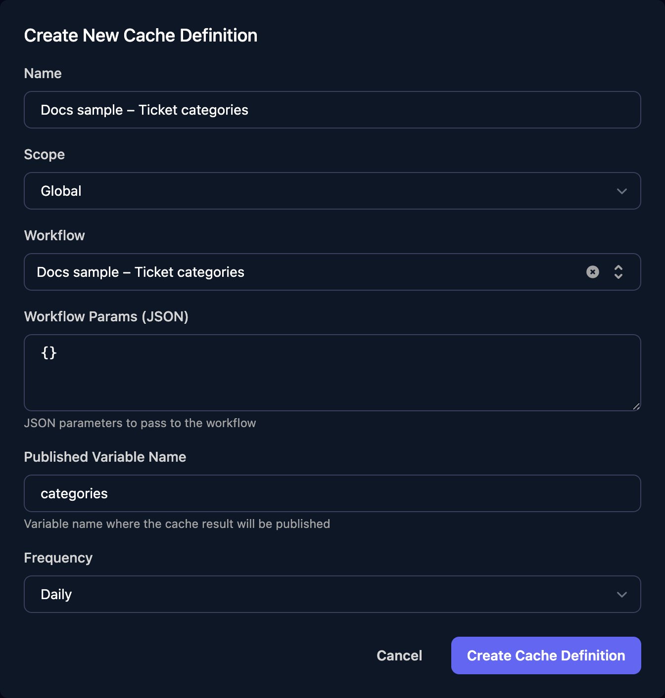 The Create New Cache Definition dialog: Name Docs sample – Ticket categories, Scope Global, Workflow Docs sample – Ticket categories, Workflow Params (JSON) an empty JSON object, Published Variable Name categories and Frequency Daily, with Cancel and Create Cache Definition buttons.
