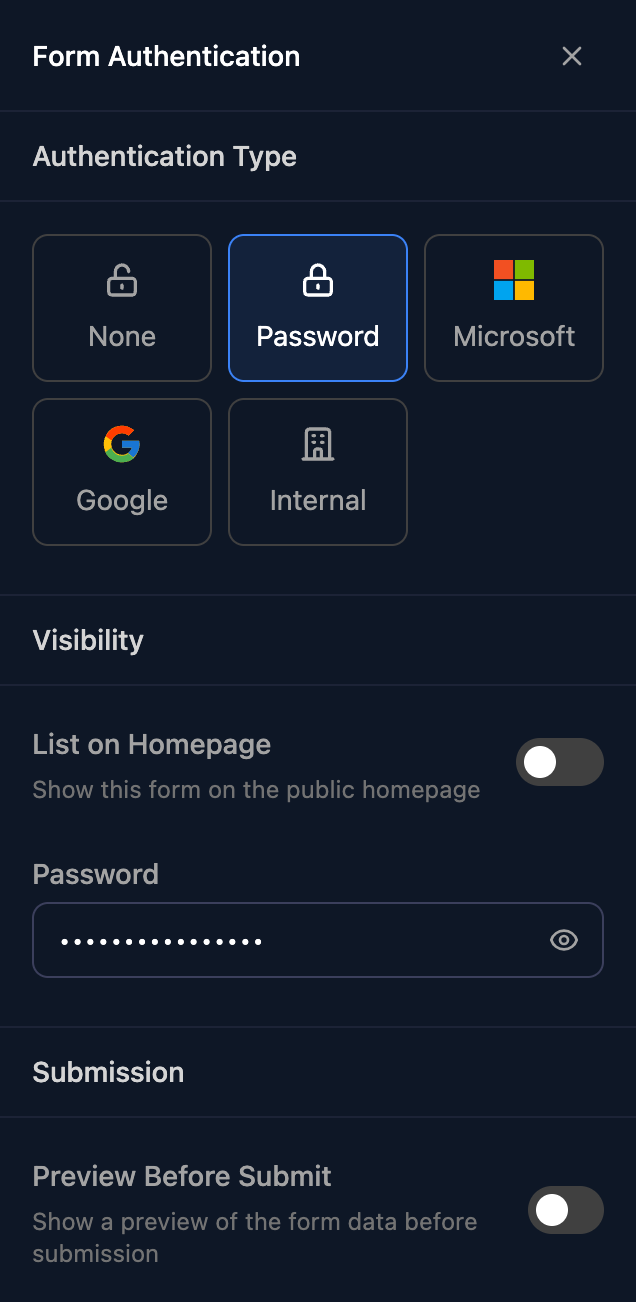 The Form Authentication panel with Password selected, List on Homepage off, a masked Password field with an eye icon, and Preview Before Submit off under Submission.