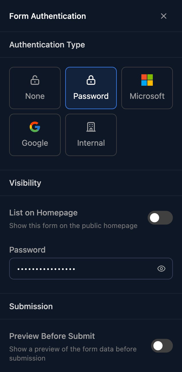 The Form Authentication panel with Password selected, List on Homepage off, a masked Password field with an eye icon, and Preview Before Submit off under Submission.