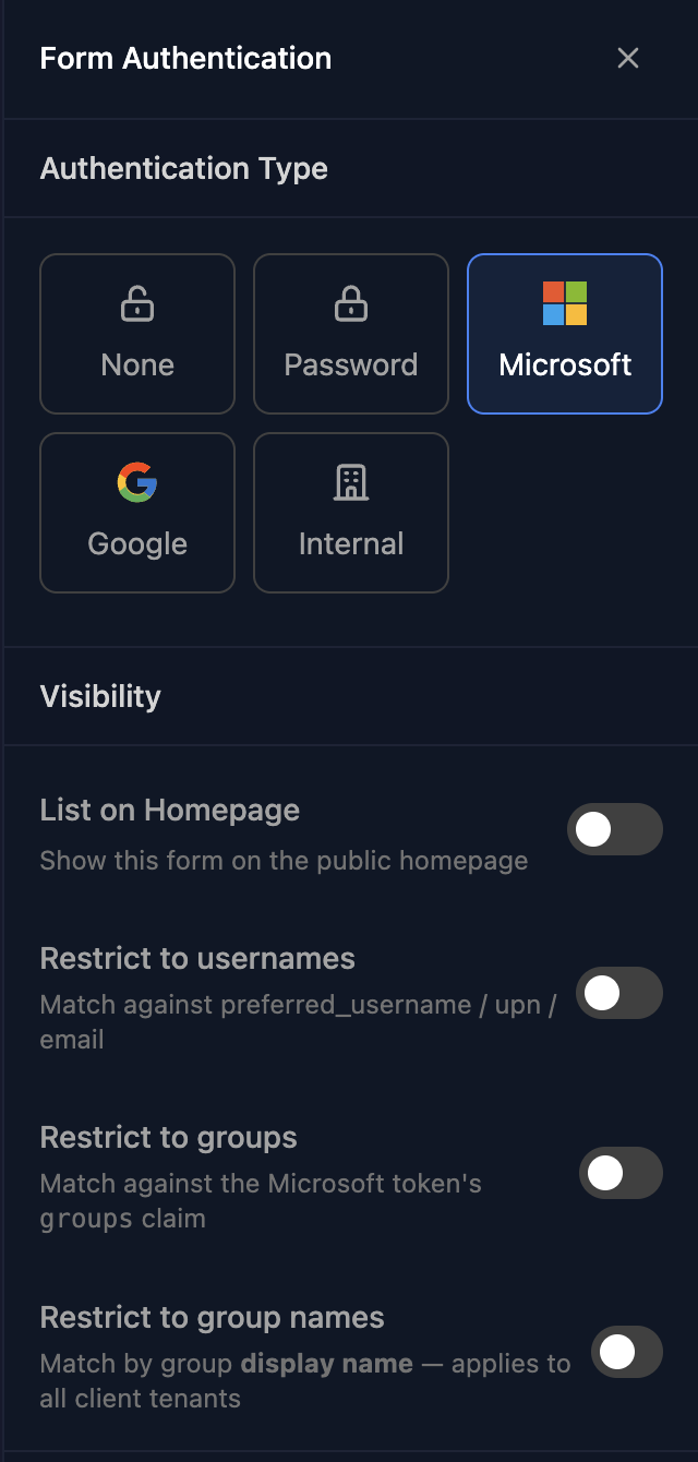 The Form Authentication panel with Authentication Type options None, Password, Microsoft, Google and Internal, Microsoft selected, and Visibility toggles List on Homepage, Restrict to usernames, Restrict to groups and Restrict to group names, all off.