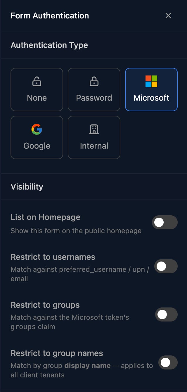 The Form Authentication panel with Authentication Type options None, Password, Microsoft, Google and Internal, Microsoft selected, and Visibility toggles List on Homepage, Restrict to usernames, Restrict to groups and Restrict to group names, all off.