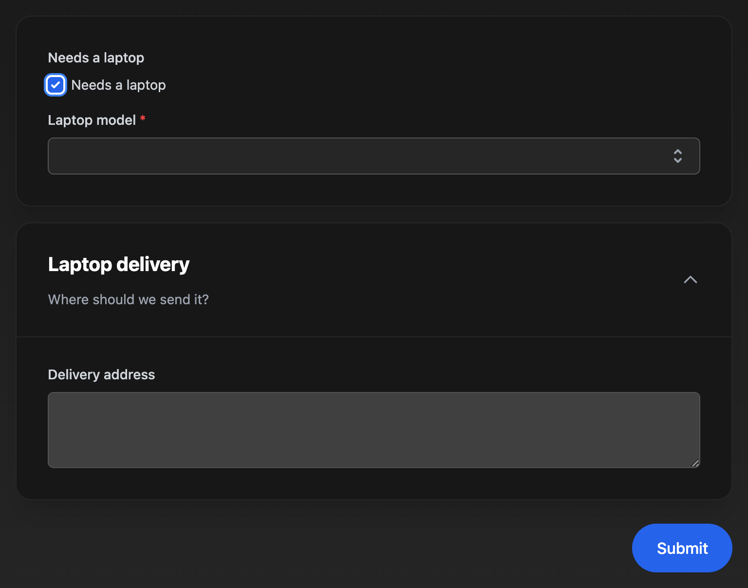 The same form with Needs a laptop ticked, now showing a required Laptop model dropdown and a Laptop delivery section, described Where should we send it?, with a Delivery address box.