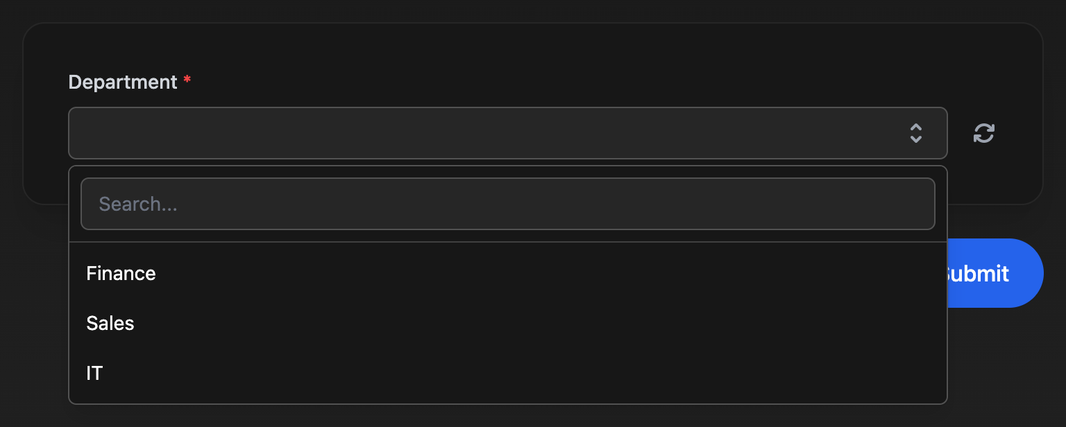 A previewed form with a required Department dropdown open, listing Finance, Sales and IT, with a reload button beside it.