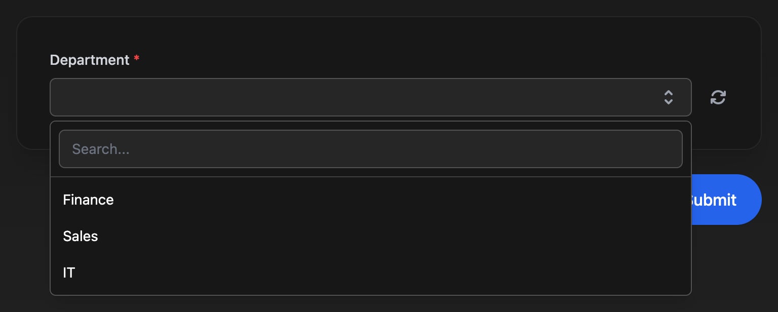 A previewed form with a required Department dropdown open, listing Finance, Sales and IT, with a reload button beside it.