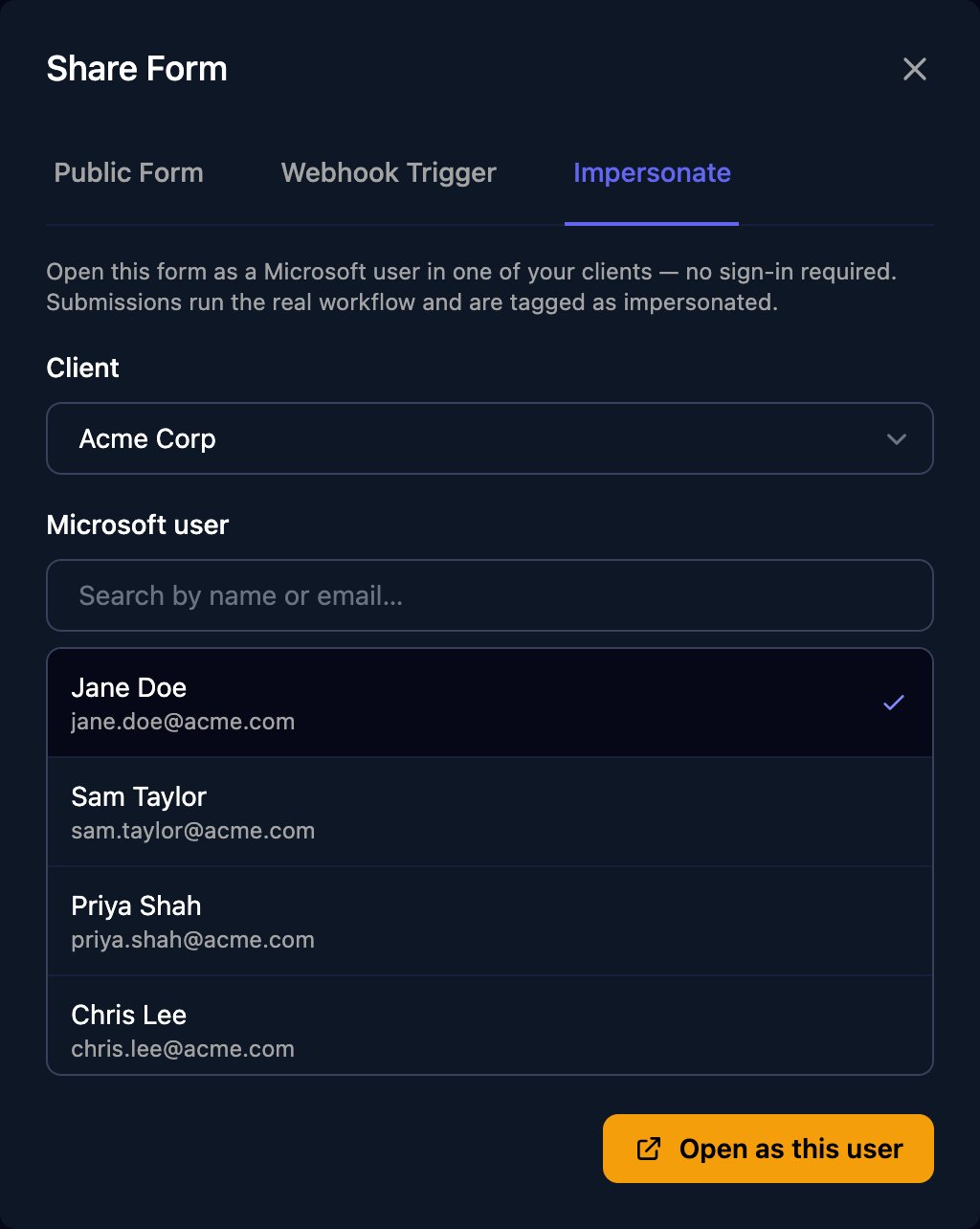 The Share Form dialog on the Impersonate tab with Client set to Acme Corp, a Microsoft user search box, Jane Doe selected from a list of users with their email addresses, and an Open as this user button.