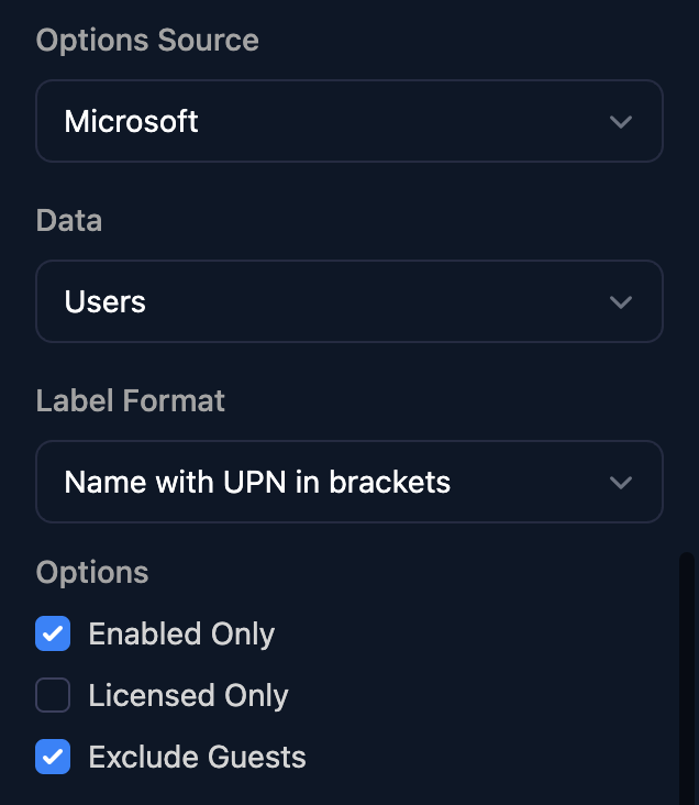 A field's properties with Options Source Microsoft, Data Users, Label Format Name with UPN in brackets, and Options Enabled Only ticked, Licensed Only unticked and Exclude Guests ticked.