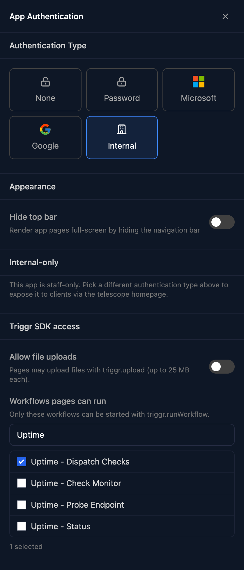 The App Authentication panel with Internal selected, Hide top bar off, an Internal-only note that the app is staff-only, Allow file uploads off, and Uptime - Dispatch Checks ticked under Workflows pages can run above Uptime - Check Monitor, Uptime - Probe Endpoint and Uptime - Status.