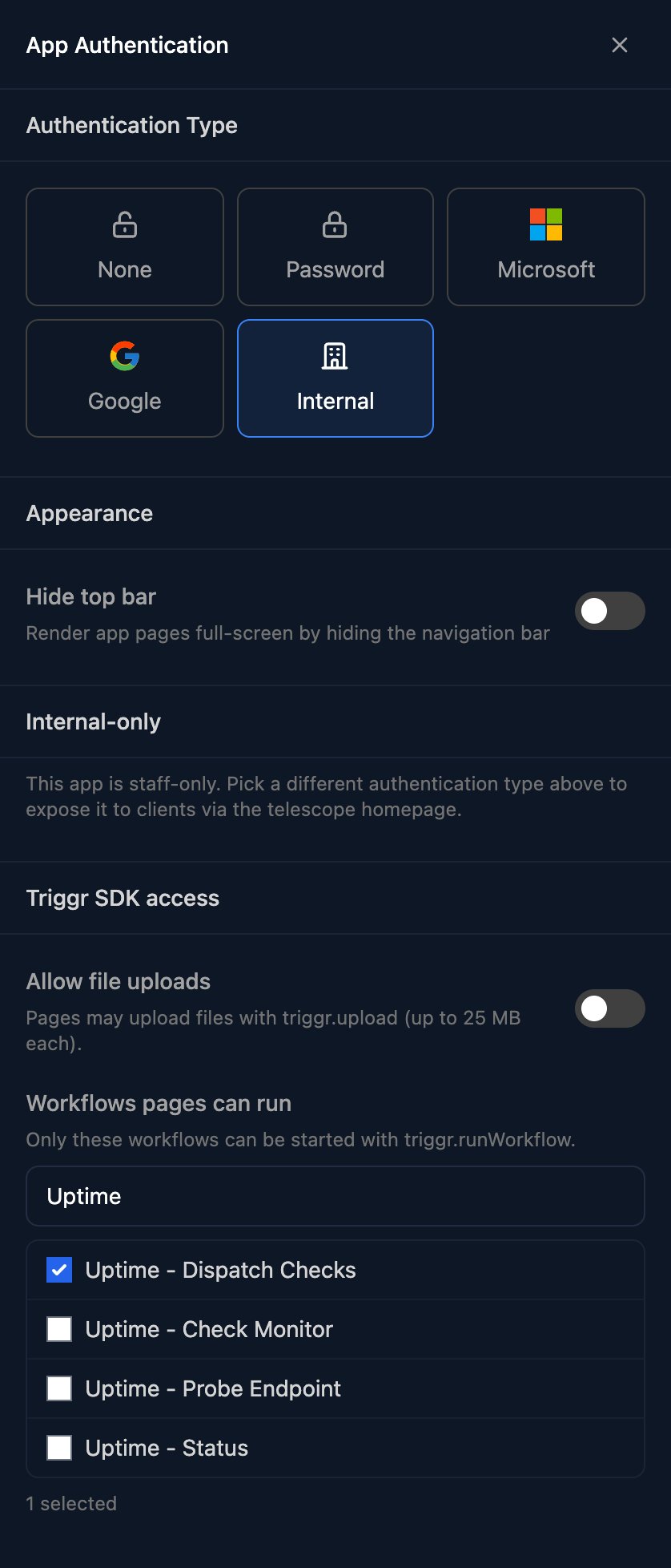 The App Authentication panel with Internal selected, Hide top bar off, an Internal-only note that the app is staff-only, Allow file uploads off, and Uptime - Dispatch Checks ticked under Workflows pages can run above Uptime - Check Monitor, Uptime - Probe Endpoint and Uptime - Status.