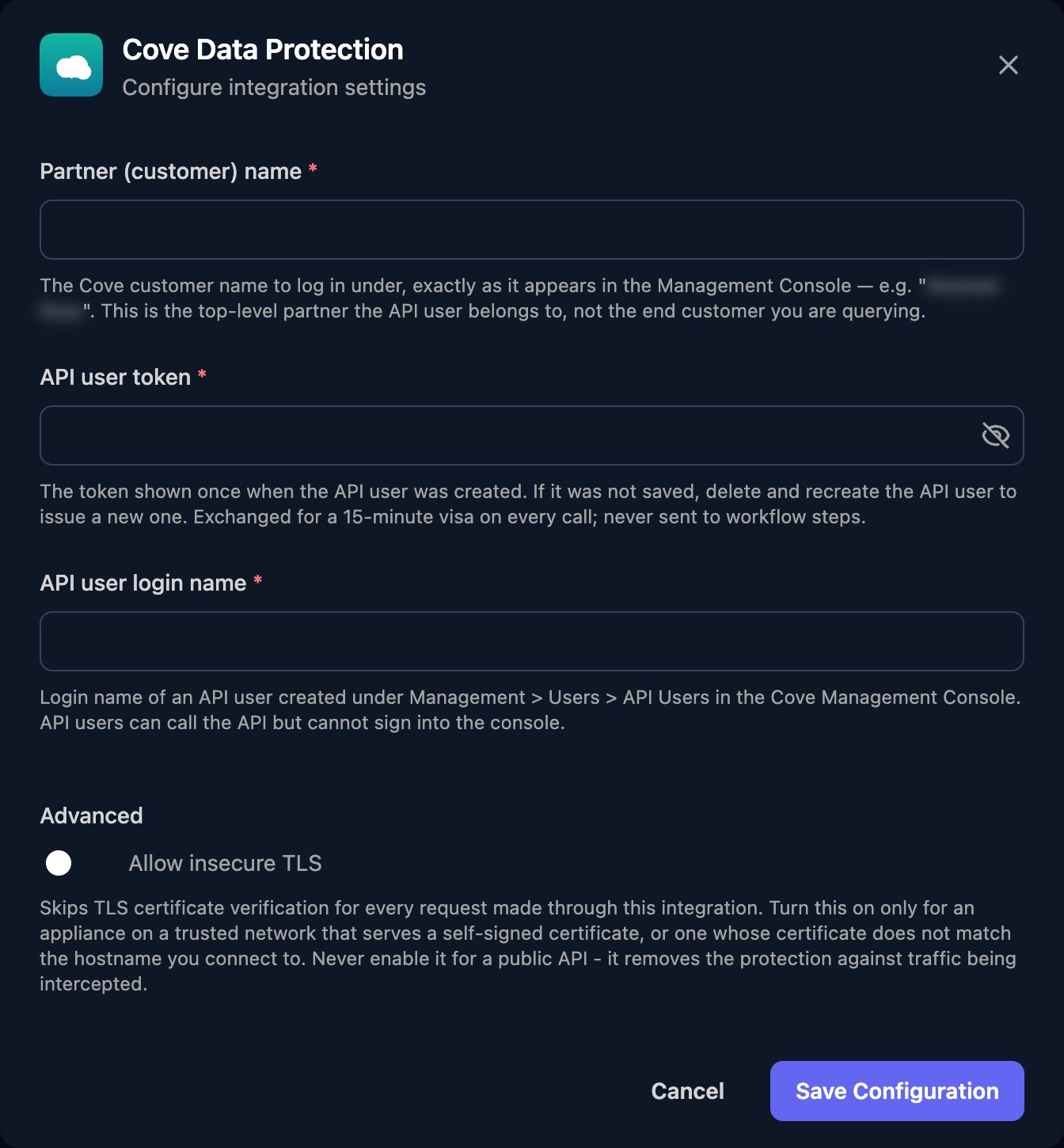 The Cove Data Protection configuration window with Partner (customer) name, API user token and API user login name fields, an Allow insecure TLS switch under Advanced, and a Save Configuration button.