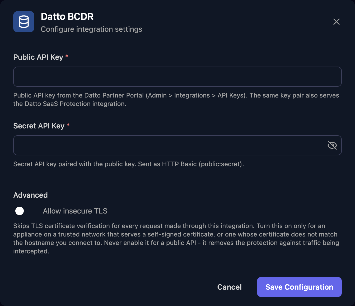 The Datto BCDR configuration window with Public API Key and Secret API Key fields, an Allow insecure TLS switch under Advanced, and a Save Configuration button.