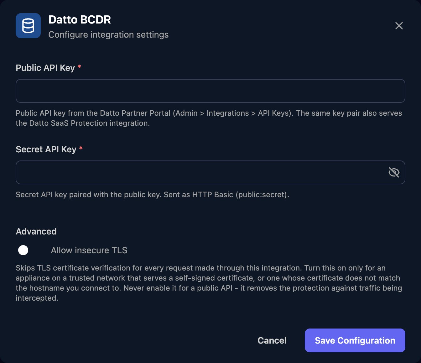 The Datto BCDR configuration window with Public API Key and Secret API Key fields, an Allow insecure TLS switch under Advanced, and a Save Configuration button.