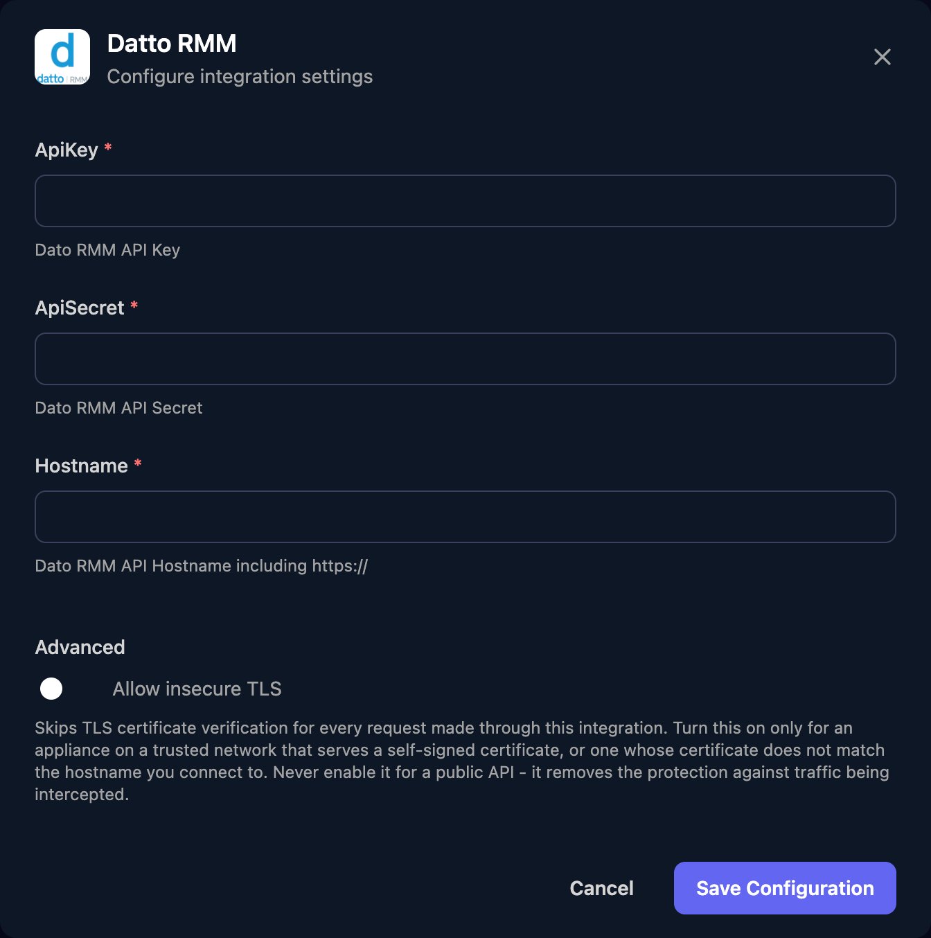 The Datto RMM configuration window with ApiKey, ApiSecret and Hostname fields, an Allow insecure TLS switch under Advanced, and a Save Configuration button.