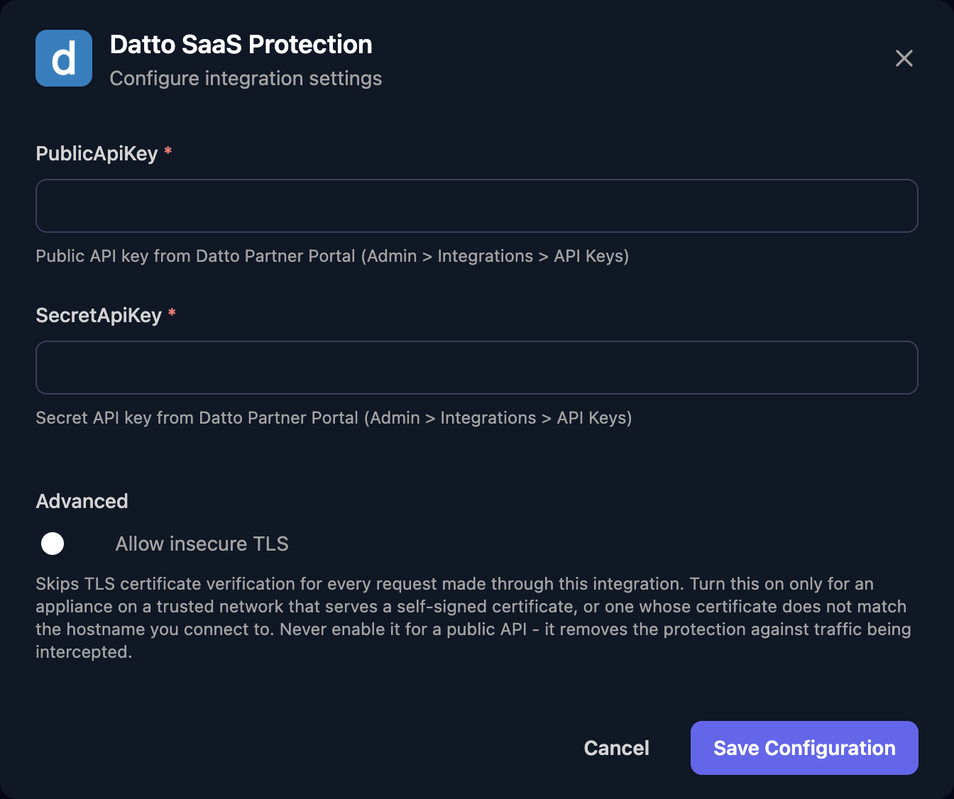 The Datto SaaS Protection configuration window with PublicApiKey and SecretApiKey fields, an Allow insecure TLS switch under Advanced, and a Save Configuration button.