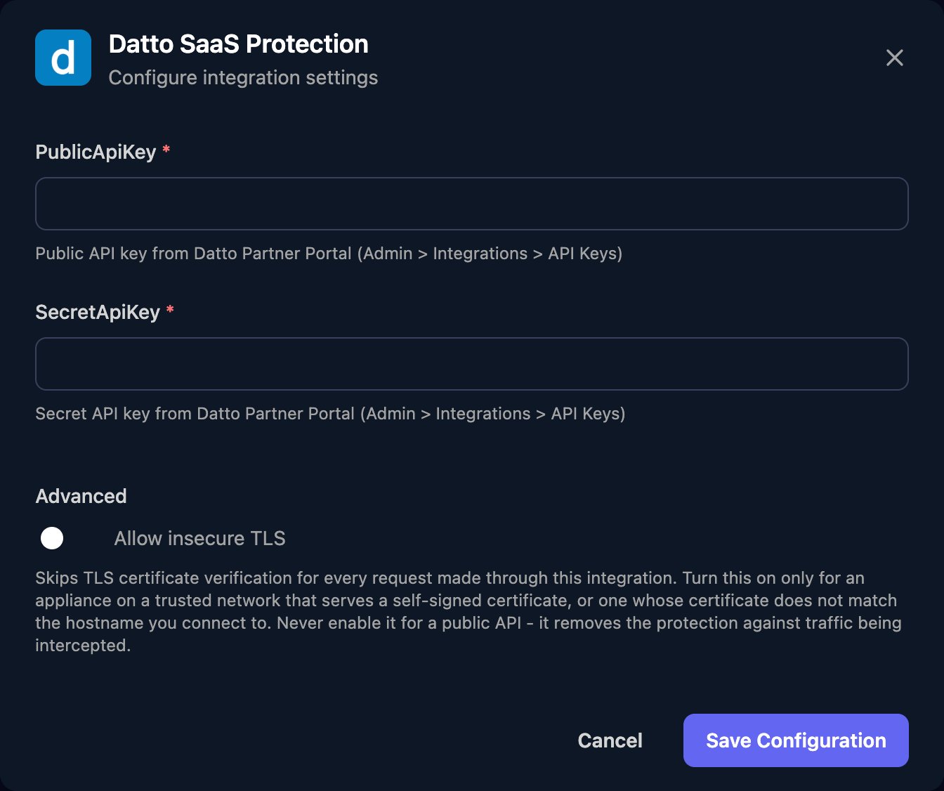 The Datto SaaS Protection configuration window with PublicApiKey and SecretApiKey fields, an Allow insecure TLS switch under Advanced, and a Save Configuration button.
