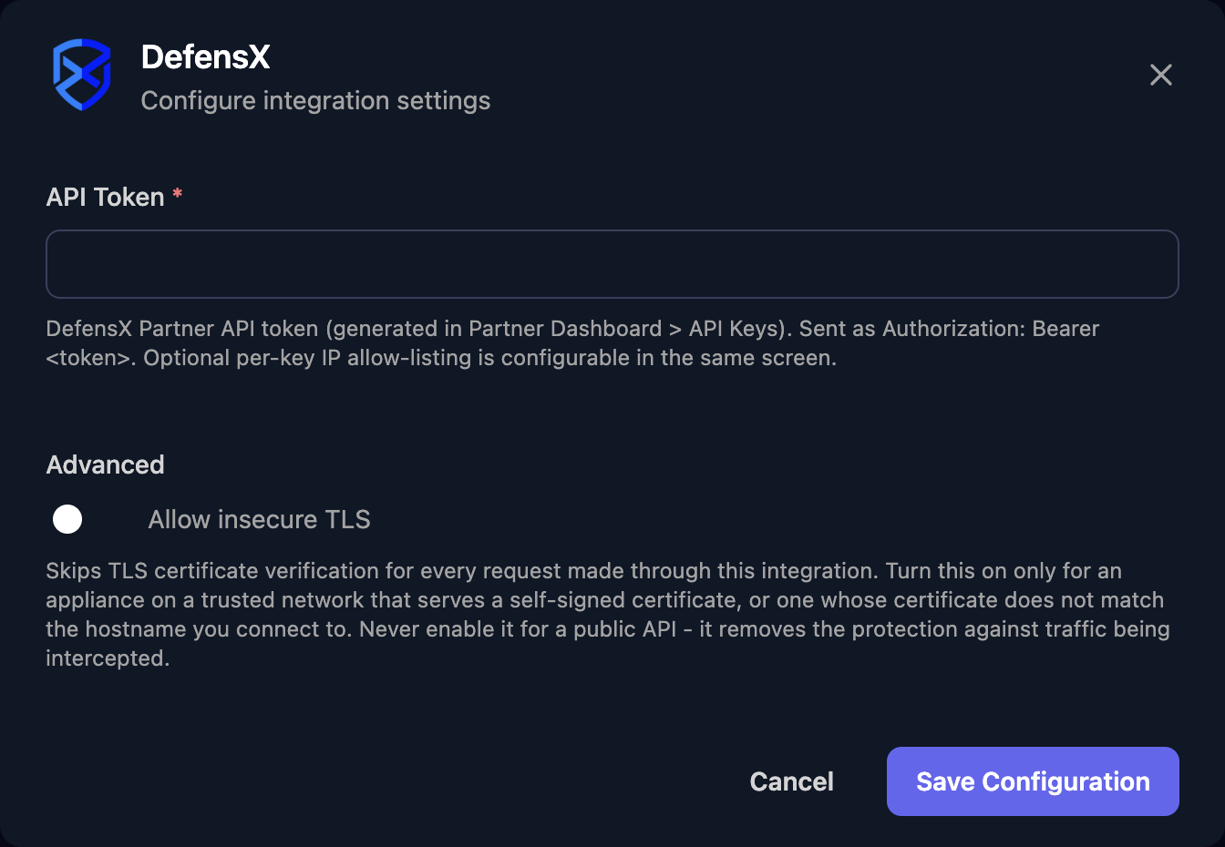 The DefensX configuration window with an API Token field and hint, an Allow insecure TLS switch under Advanced, and a Save Configuration button.
